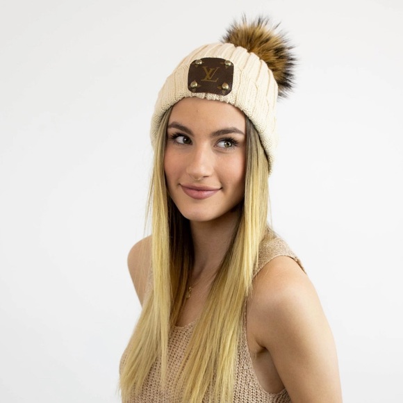 Accessories - NEW Cream Beanie with Authentic Louis Vuitton Patch & Fur Pom from Vintage Boho
